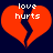 Two red broken hearts with white text 'love hurts' on a dark blue background, pixelated style.