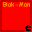 Red square icon with orange text "Blak - Man" at top and black Pac-Man-like symbol in bottom right corner.