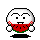 Pixelated cartoon character with white round head and red watermelon slice held in front of mouth, showing various facial expressions across frames.