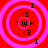 Four identical circular icons with pink concentric rings on red background, each containing black text and symbols.