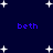 Dark blue background with scattered white stars and four instances of the text 'beth' in blue pixelated font.