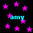 Black background with scattered pink stars and cyan text reading 'amy' in multiple positions.