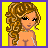 Pixelated character with curly brown hair, orange skin, and black eyeliner against yellow background; white lace top, black and red handbag, and brown strappy sandals visible.