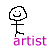 Pixelated stick figure with smiling face, house, tree, flower, star, sun, and duck icons each labeled 'artist' in purple text.