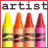 Four display crayons with 'artist' text above them; the rightmost shows a slightly blurred version of the left 's content