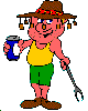 Animated cartoon character in yellow tank top and green shorts holding a blue can, brown hat with red band, wrench in left hand, gray background.