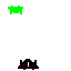 Animated sequence shows green and orange pixelated shapes interacting with dark brown structures on gray background.