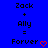 Blue background with black pixelated text 'Zack + Ally = Forver' and a red heart symbol, where the final 'o' in 'Forever' is replaced by a red heart.