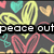 Animated pattern of colorful hearts and abstract shapes on a dark background with overlaid text changing from 'peace outm hannah' to 'i like pie'.
