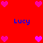 Red background with blue text and pink heart icons arranged in a pattern
