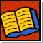 Animated sequence of a yellow book with blue pages on a red background, showing sequential page-turning motion.