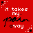 Red background with white text "it takes my." and black scribble above white text "away"; four identical arranged in a