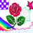 A pixelated red rose with green leaves, a rainbow arc, and purple checkered patterns on white and black backgrounds.