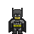 Pixelated Batman figure in full-body view with black cowl, yellow mouth area, and gray chest emblem on dark gray suit.