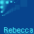 Blue background with repeated light blue text 'Rebecca' and scattered pixelated dots in varying shades of blue.