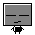 Two side-by-side pixel art frames of a gray screen with black horizontal lines for eyes and a small mouth, each attached to a black-and-white pixelated base.