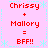 Pixelated text on pink background with light blue snowflake border, displaying 'Chrissy + Mallory = BFF!!' in red, repeated twice in a