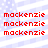 Red pixelated text 'mackenzie' repeated in a pattern on a light blue and white striped background with scattered white dots