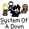 A 3x3 contact sheet of pixel art animated frames featuring a band-themed buddy icon with repeated text "System Of A Down" and various character poses, including one hand gesture frame.