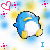 Animated pixel art of a blue penguin with yellow beak and feet, repeated in pattern against light blue background with pink hearts