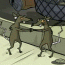 Two brown cartoon dogs dance in a , holding hands and stepping side to side on a light-colored floor with a chain-link fence background