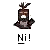 Pixelated character with dark brown body, white teeth, and antler-like protrusions on head, standing against gray background with 'Ni!' text below.