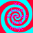 Four identical spiral patterns with red and cyan concentric rings, each containing pink text reading "We Love Snidies And Dogs" in a curved layout.