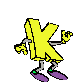 Yellow blocky K-shaped character with purple feet and green ankle bands, performing various animated poses against gray background.