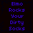 Blue pixelated text on a dark background reads "Elmo Rocks Your Dirty Socks" in two identical vertical