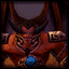 A pixelated animated sequence of a horned demon-like figure with orange skin, blue gem on chest, and dark armor accents performing various poses against a purple background.