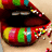 Pixelated close-up of a mouth with dark red lips, black interior, and colorful teeth in yellow, green, blue, and pink.