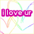 Six -aligned display 'ilove ur' text in different colors with additional words below, set against a white background with faint multicolored heart outlines
