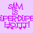 Pixelated purple text and symbols on light purple background with animated pink star-like shapes below.