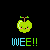 Two pixel-art green apple characters with smiling faces and blush cheeks, each displaying "WEE!!" text in blue-green gradient lettering on a black background.