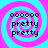 Four identical spiral-patterned with alternating cyan and magenta rings, each containing six dots and two lines of text reading 'pretty pretty' in black pixelated font