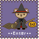 Pixelated cartoon bear in witch costume holding broom and pumpkin, purple background with stitched border, text reads ++Enter++