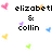 Pixelated text displays 'elizabetl', '&', and 'collin' with scattered heart-shaped icons in pink, purple, blue, yellow, green hues on white background.