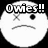 Black-and-white pixelated animation of five circular faces with X eyes and downturned mouths, displaying sequential text fragments forming "Owies!! I poked my eye!".