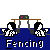 Pixel art animation of two figures fencing under a scoreboard, with blue water background and 'Fencing' text below.