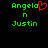 Green pixelated text 'Angela n Justin' on black background with red heart symbol replacing the letter 'o' in Angela.