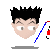 Pixelated cartoon head with black spiky hair, white eyes, and a red mouth in various animation frames showing wire movement.