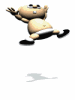 Animated cartoon character in diaper with black shoes, performing sequential poses from jumping to sitting on white background.
