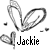 Pixelated grayscale icon with heart-shaped elements and the name 'Jackie' in blocky text below.