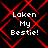 Four identical display white pixelated text 'Laken My Bestie!' over a black background with red diamond-shaped lines