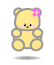 Two pixelated yellow teddy bears with pink flower accessories, one in a seated pose and the other floating above a white oval base.