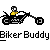 Pixelated icon of a person riding a motorcycle with motion blur effects, labeled 'Biker Buddy' below.