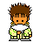 Pixel art character in green patterned pajamas holding a white plate, with brown spiky hair and orange skin across multiple poses.