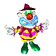 A cartoon clown with a white face, red nose, and blue mouth appears in multiple poses with changing expressions and hat colors.