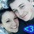 A pixelated image of two people smiling closely together with a blue heart symbol, next to green text reading "Denise & Joe" and a blue date stamp "2.22.09" with a heart symbol below.