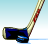 Pixelated static icon of a hockey stick and puck on light blue gradient background with white lower section.